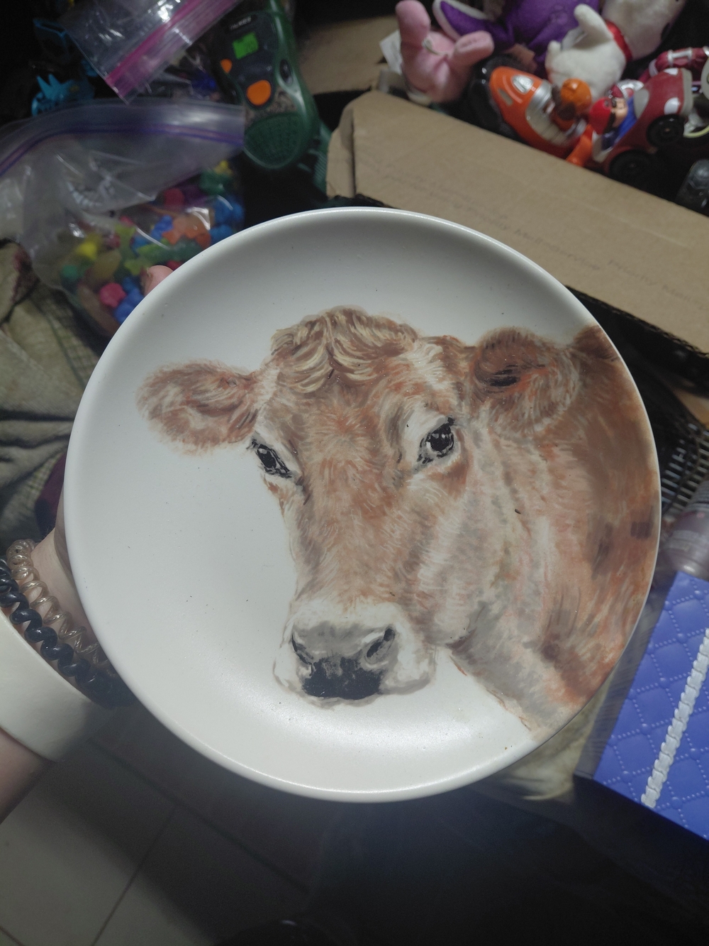 222 Fifth White Ceramic Plate with Brown Cow Illustration